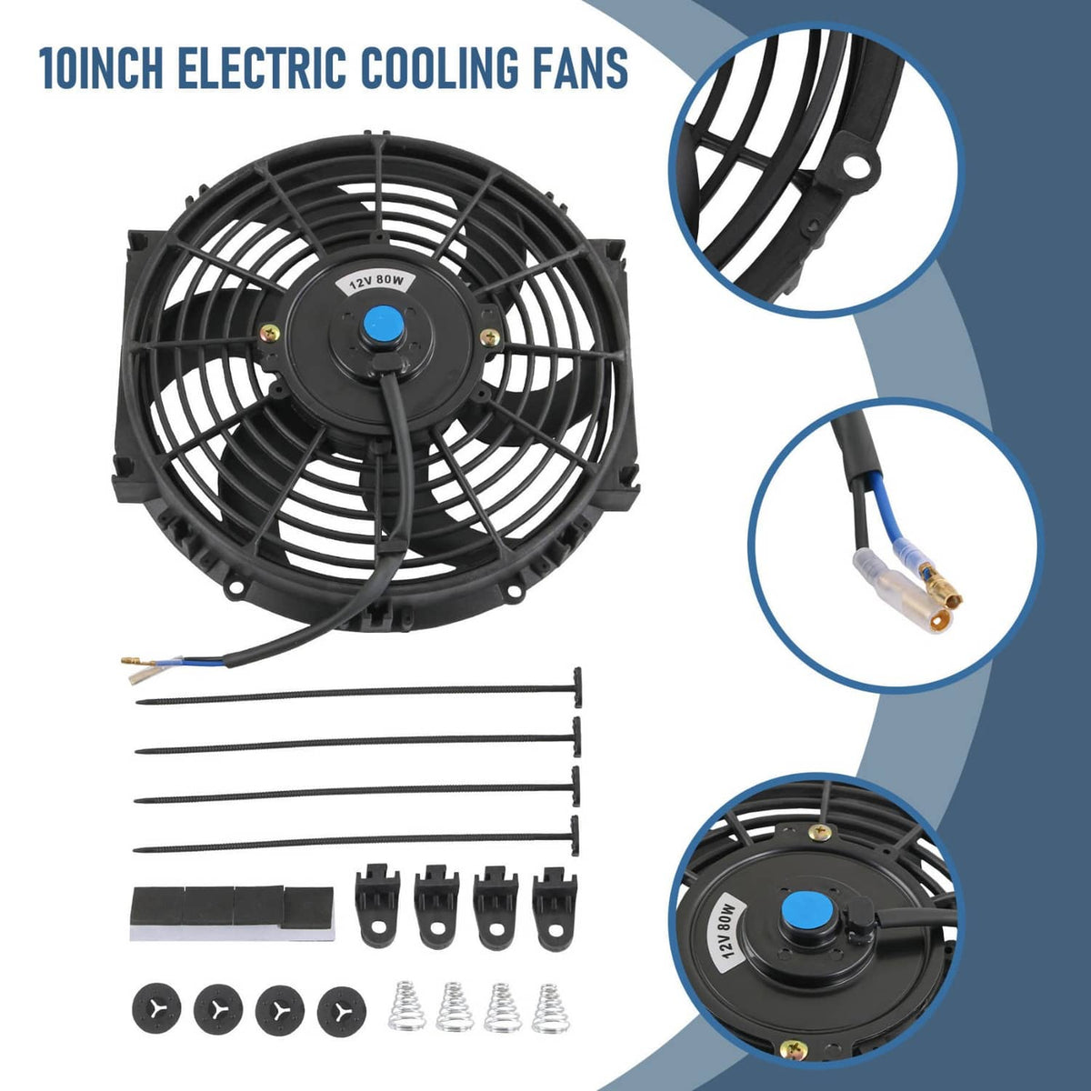 10-inch electric radiator cooling fan with wiring leads and mounting accessories