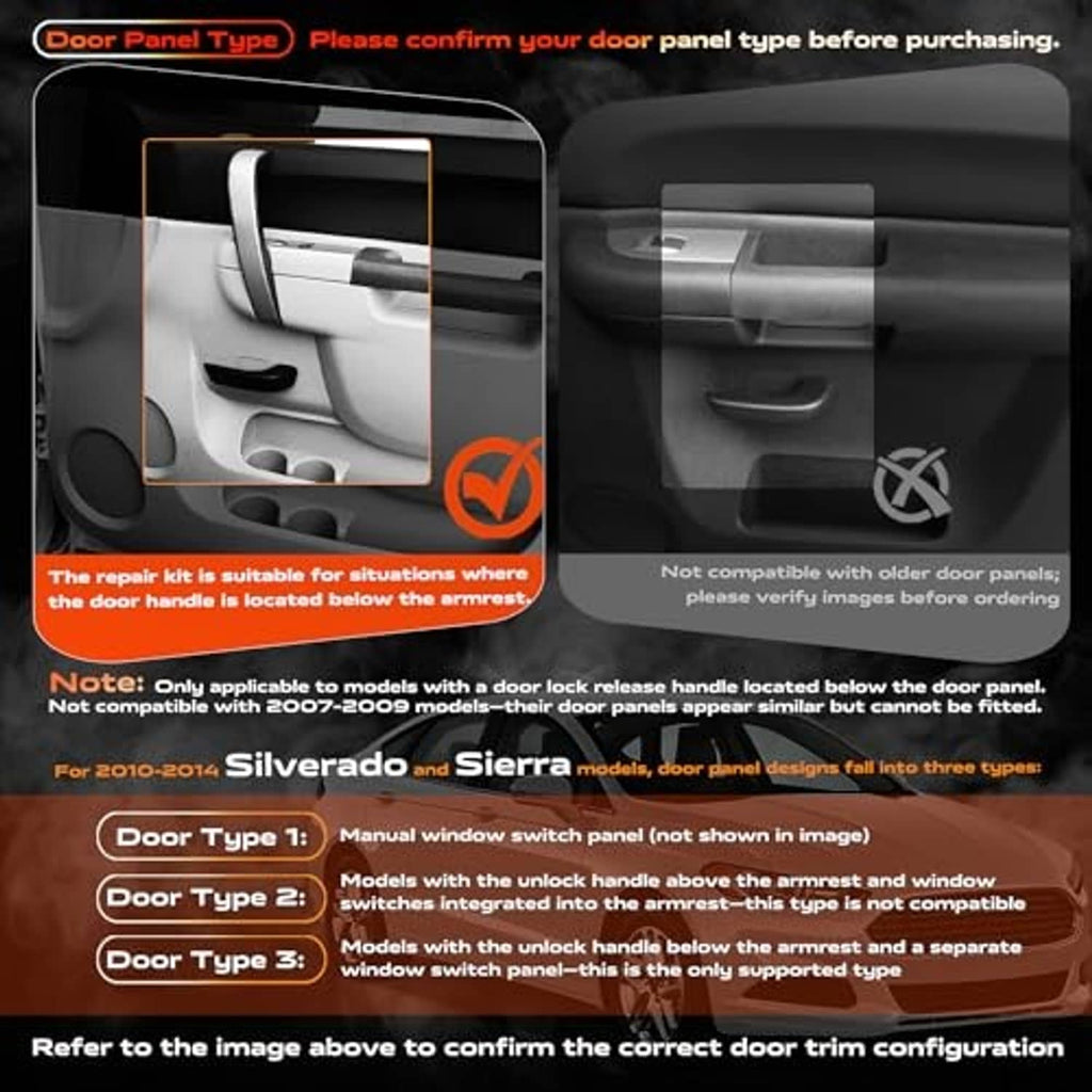 Black passenger side door armrest shown with door panel type compatibility guide
