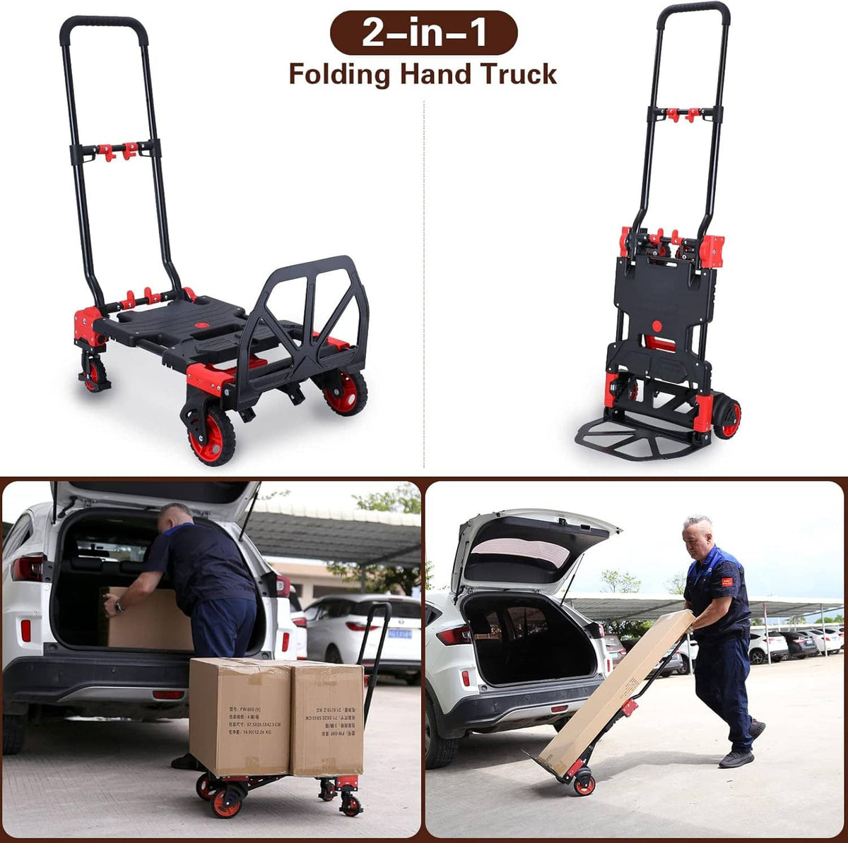 Foldable hand truck dolly shown in upright and compact positions with red caster wheels