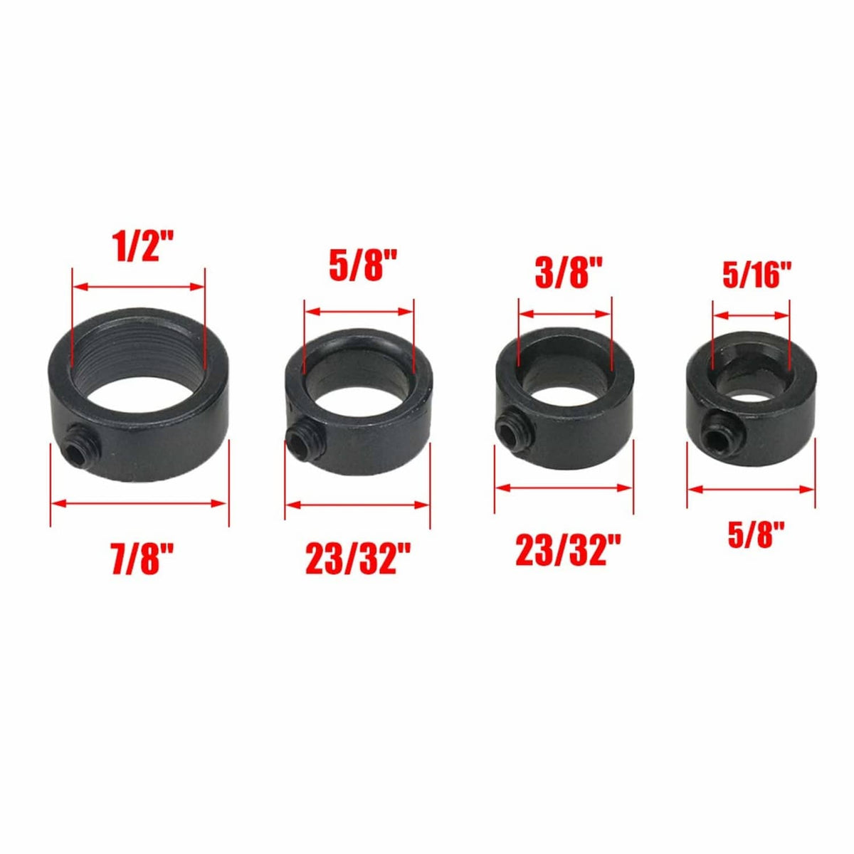 Black drill bit depth stop collar set with multiple collar sizes and side knob