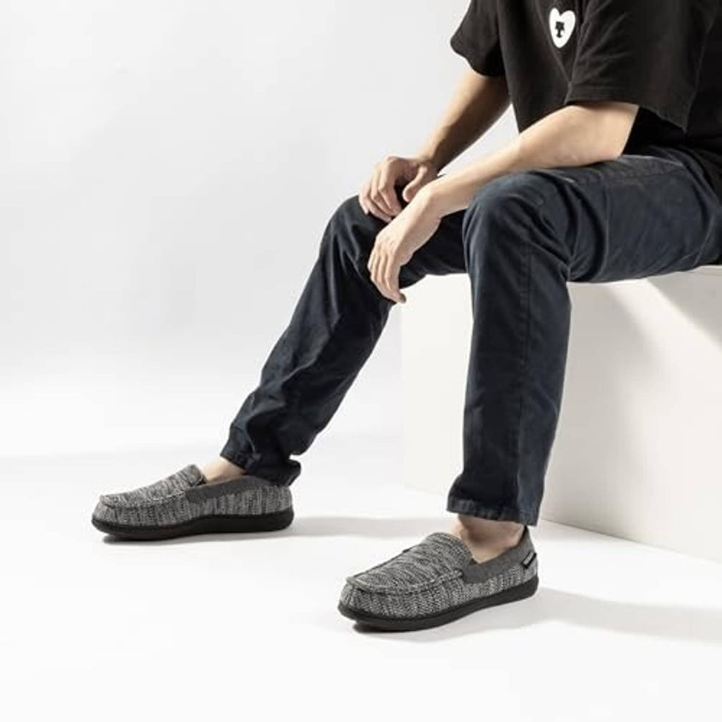 Men's tweed moc slippers on feet, light gray slip-on with cushioned open-back fit