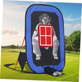 Pop-up baseball pitching target net with blue frame, black screen, and red strike zone.