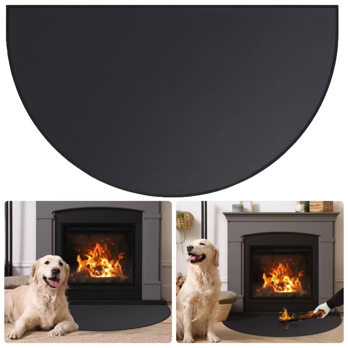 Black half-round fireplace hearth rug, clean smooth surface close-up