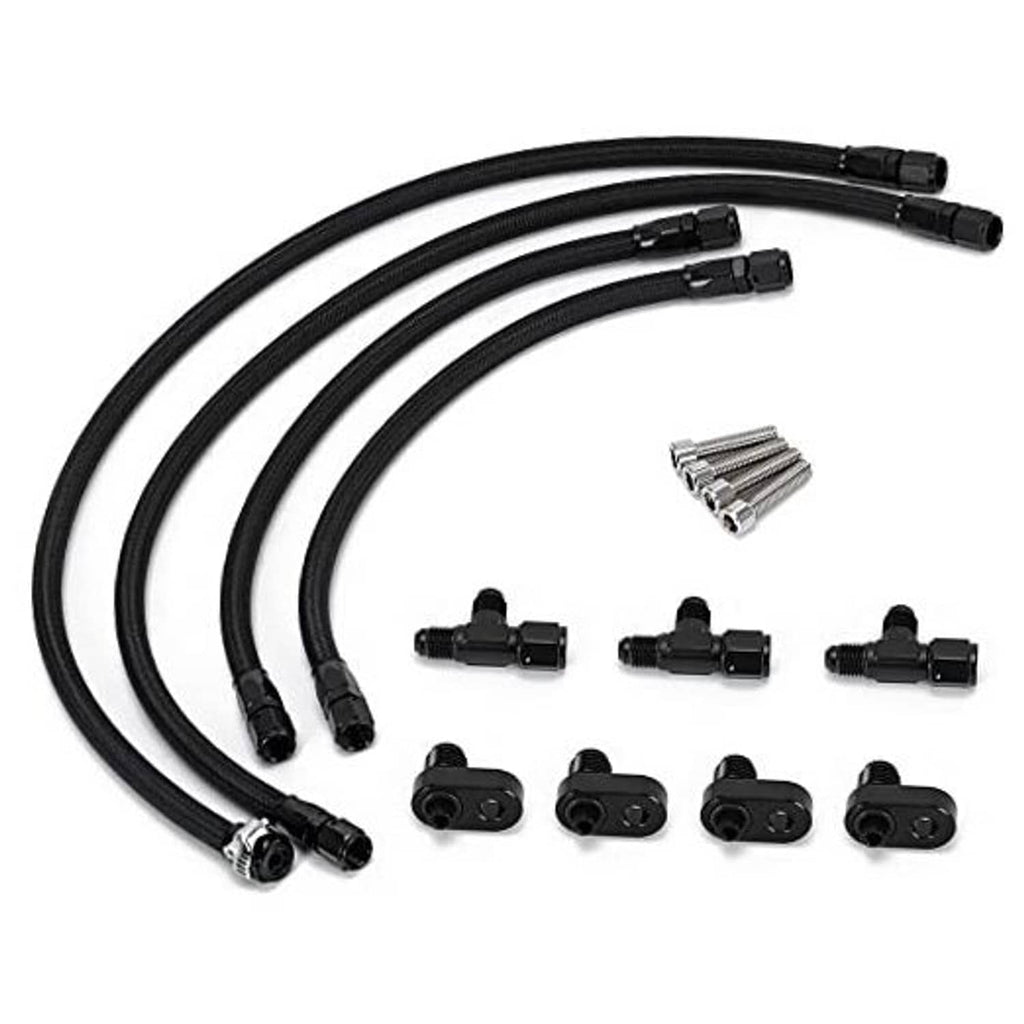Black coolant crossover hose kit with AN fittings and braided hoses