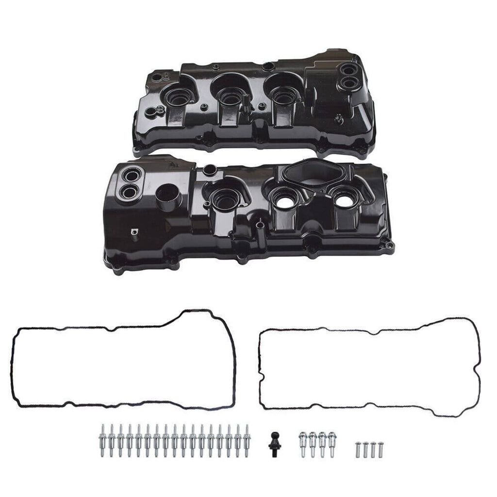 Valve cover set with two black covers, two gaskets, and a bundle of silver bolts