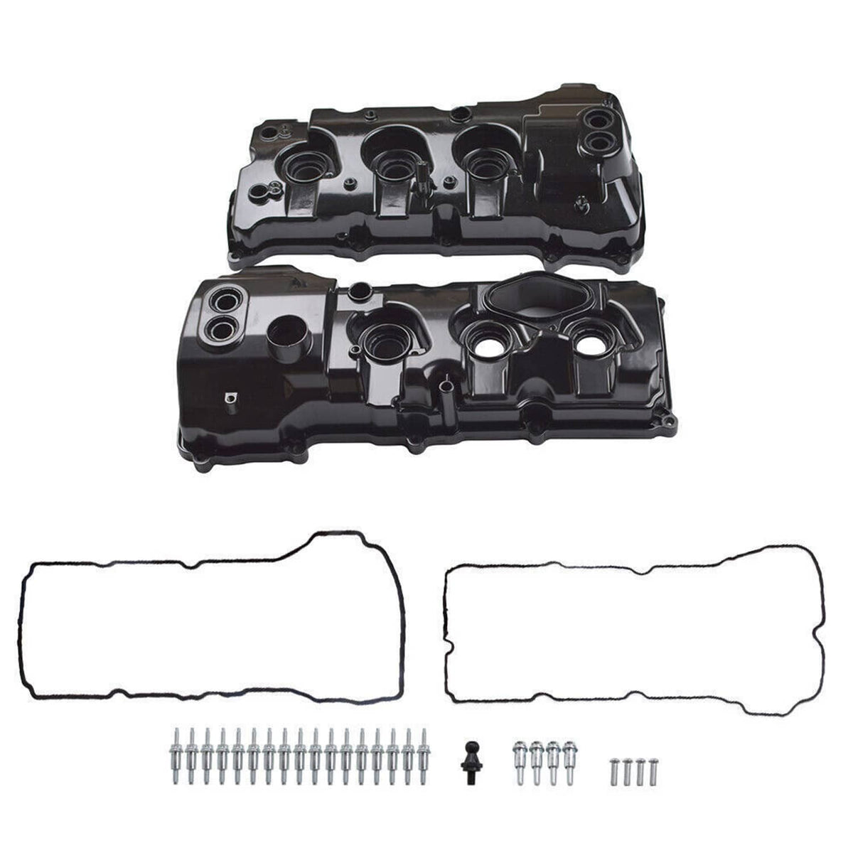 Valve cover set with two black covers, two gaskets, and a bundle of silver bolts