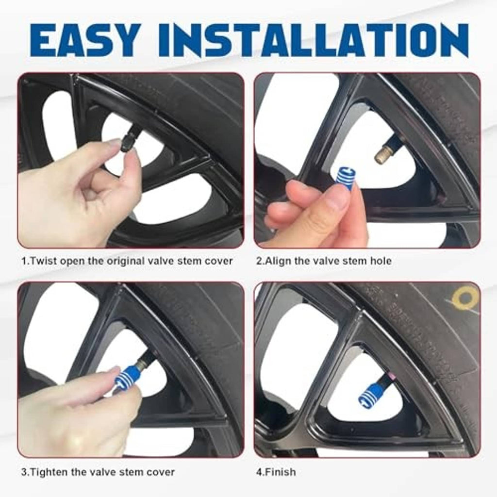 Hands installing a blue tire valve stem cap on a wheel valve