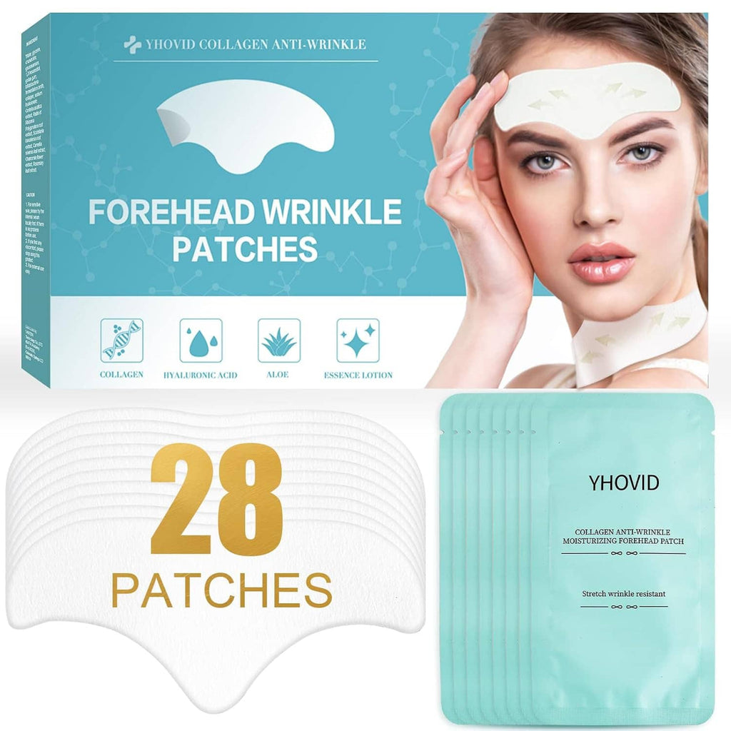 Forehead wrinkle patches, 28 anti-wrinkle collagen sheets shown in pouch