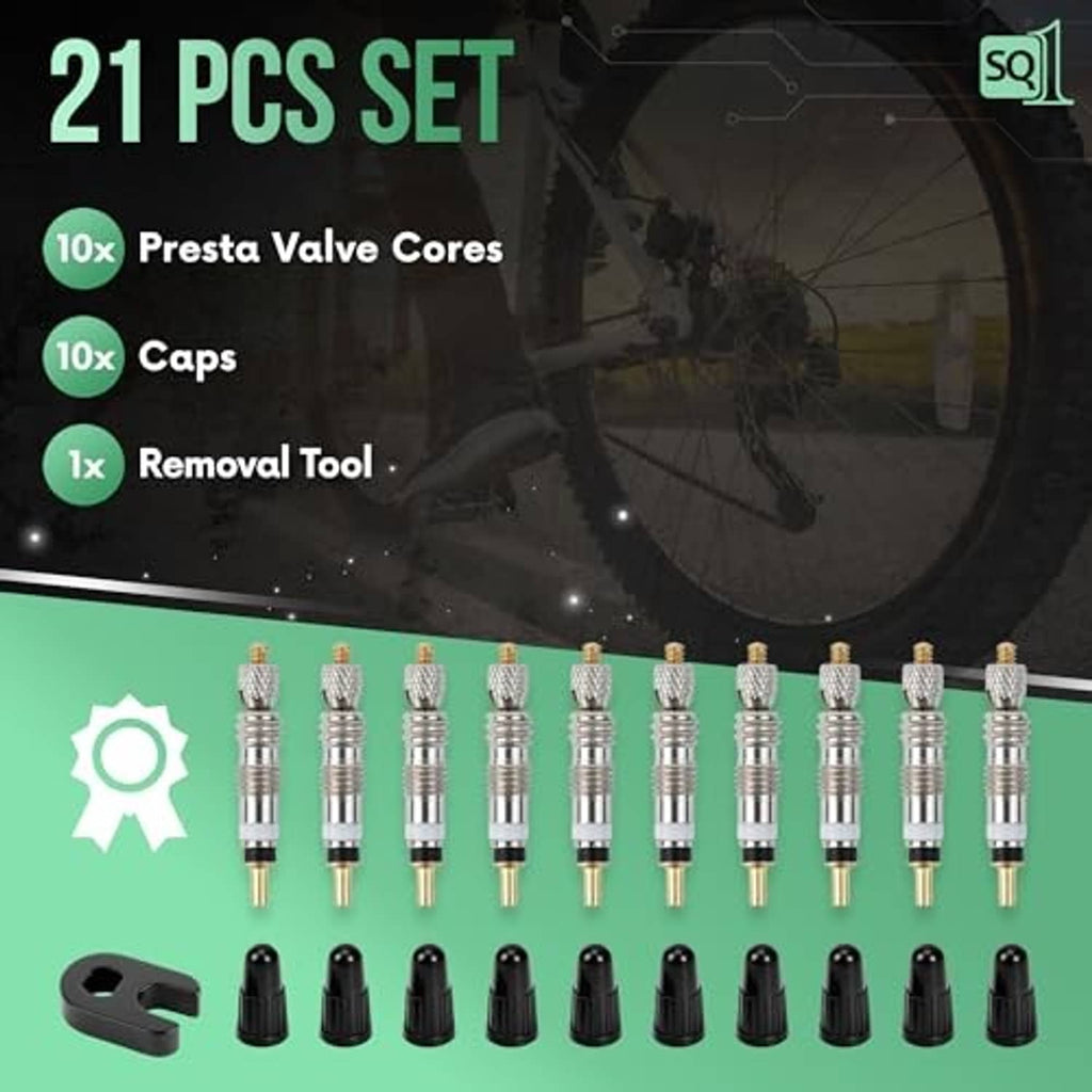 Assorted Presta valve cores with black caps and removal tool, 21-piece set