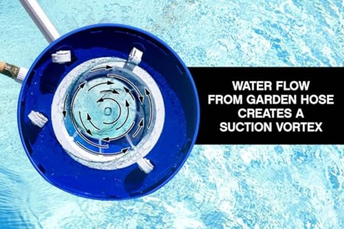 Blue vacuum base showing suction vortex from a garden hose