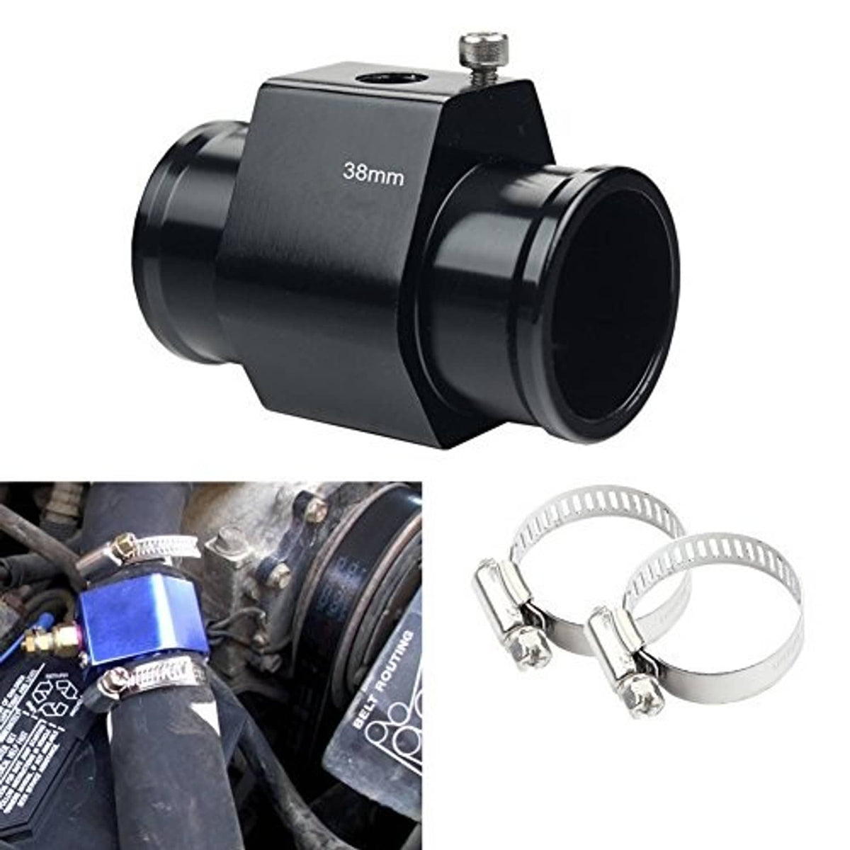 Black 38mm aluminum temp gauge fitting with included metal hose clamps