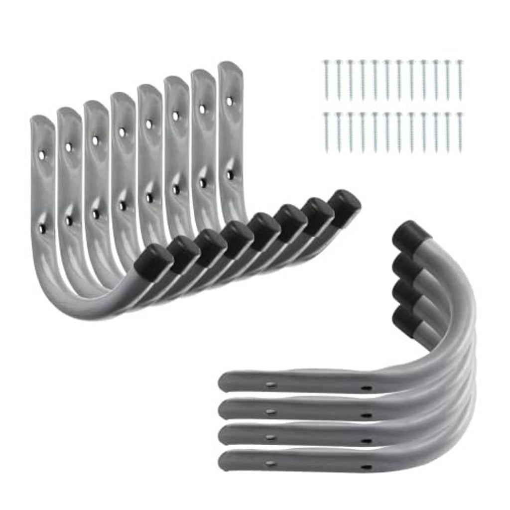 Gray heavy-duty wall hooks with black rubber ends and included mounting screws