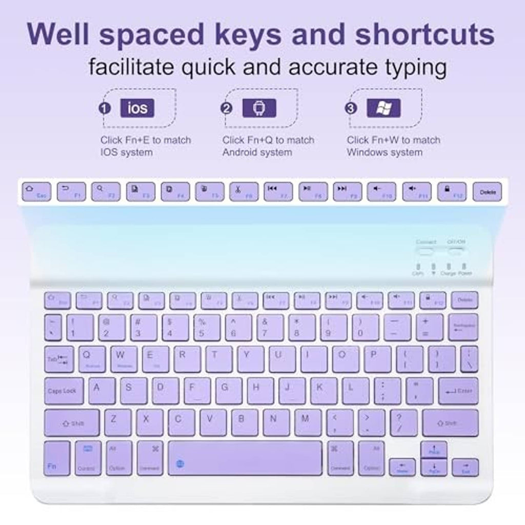 Purple keyboard with well-spaced keys and shortcut layout shown