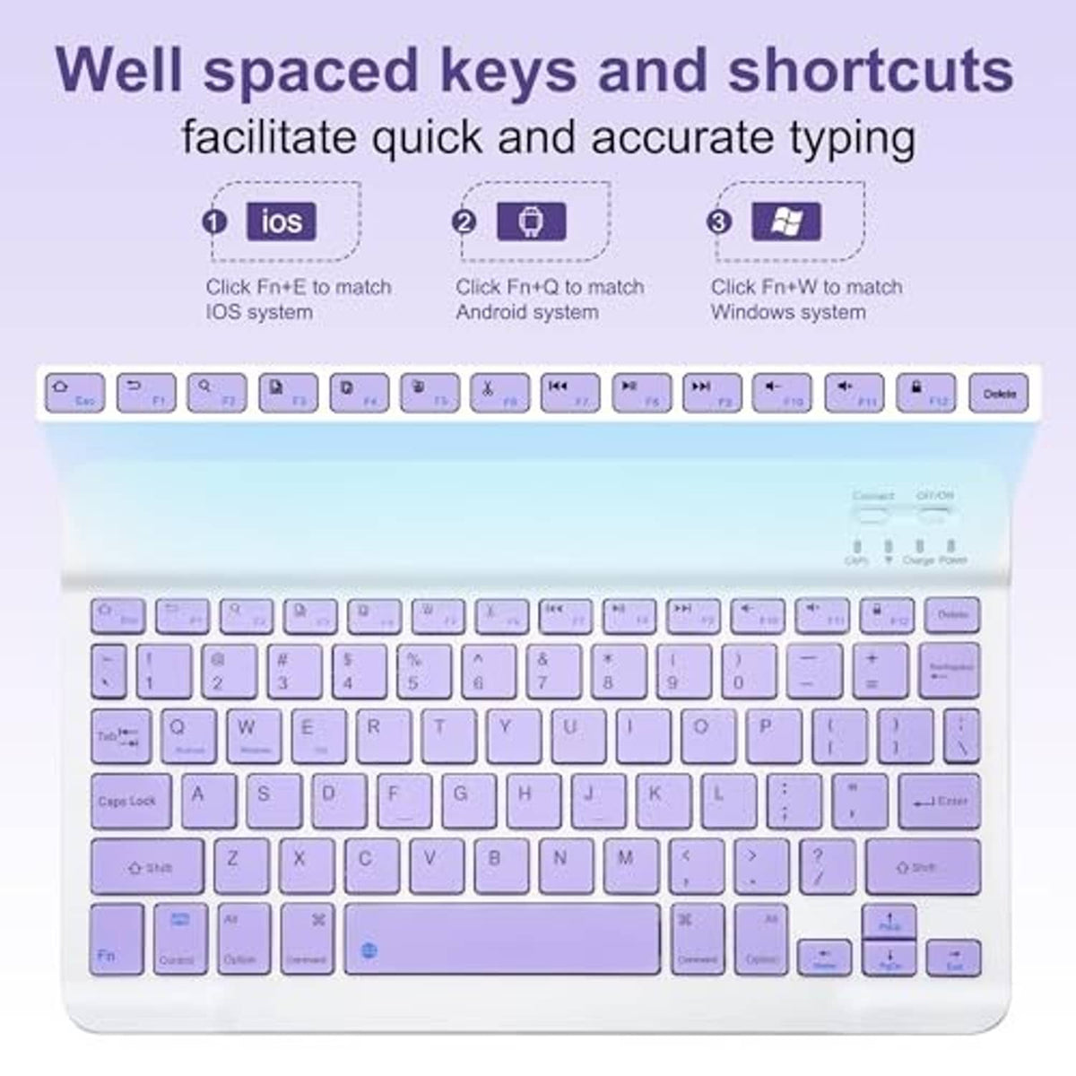 Purple keyboard with well-spaced keys and shortcut layout shown