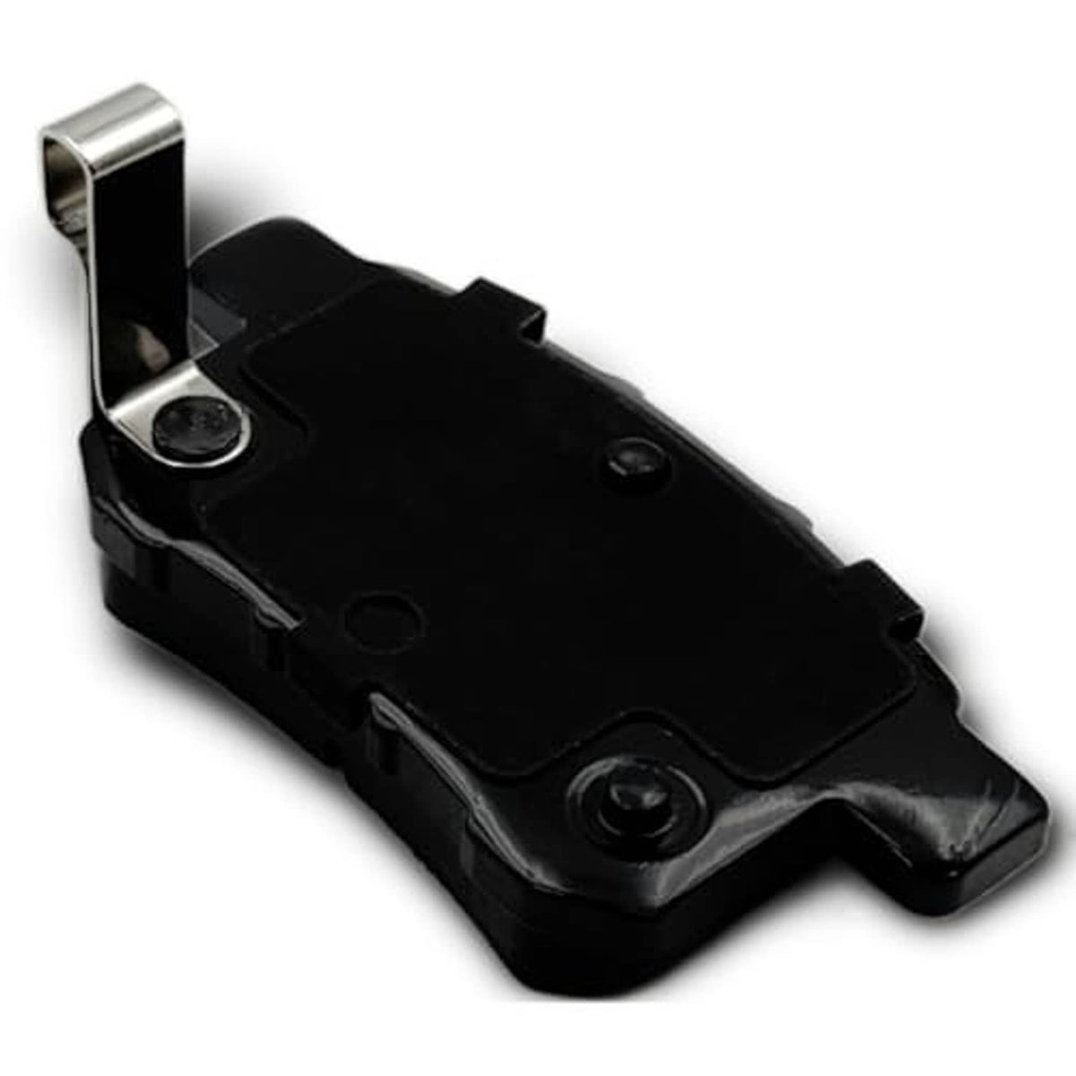 Black brake pad backing with mounting hardware and metal wear points