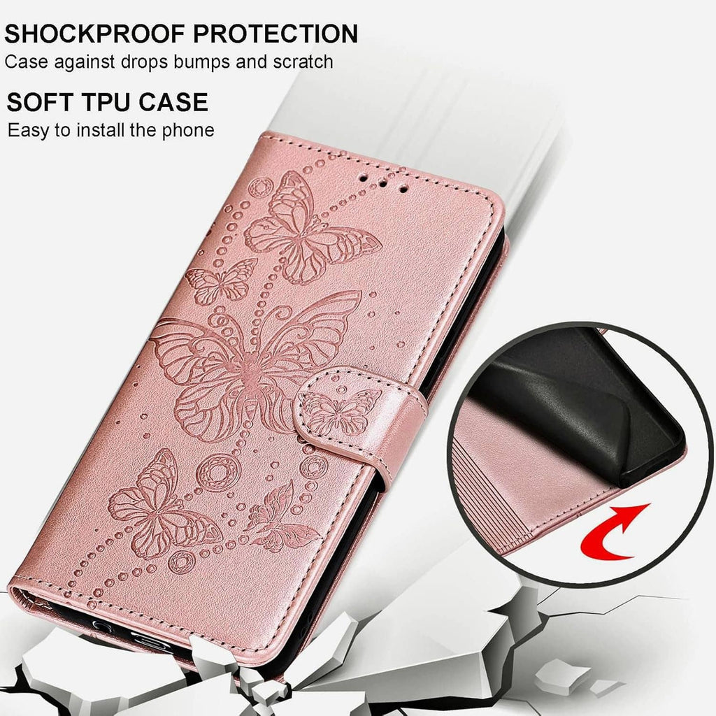 Pink butterfly embossed flip case with soft TPU protection and snap closure