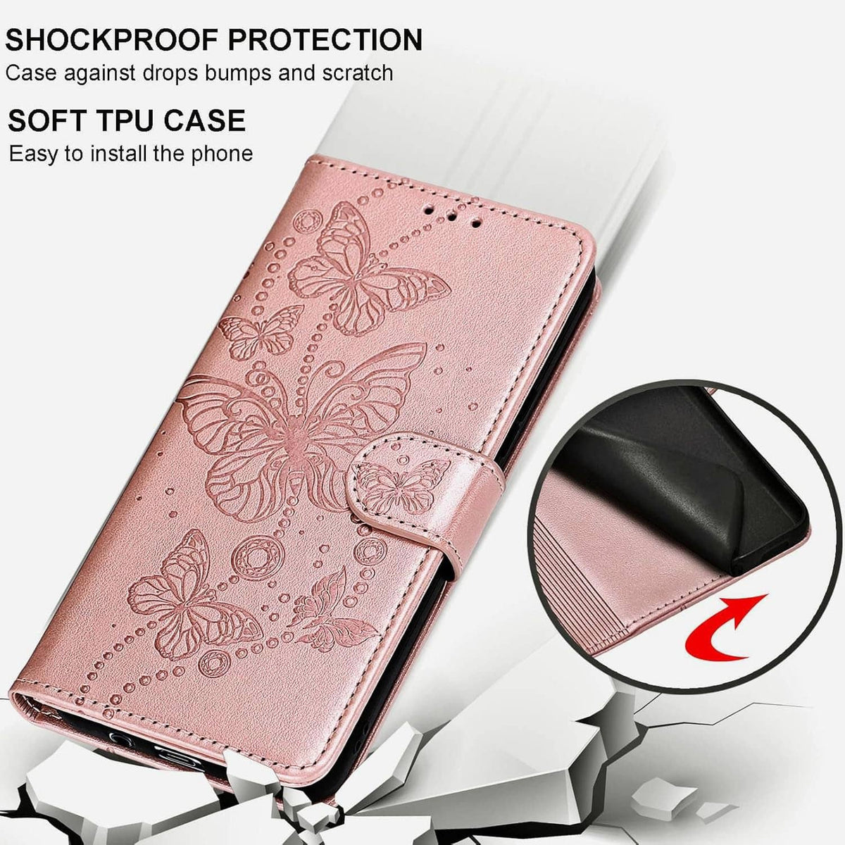Pink butterfly embossed flip case with soft TPU protection and snap closure