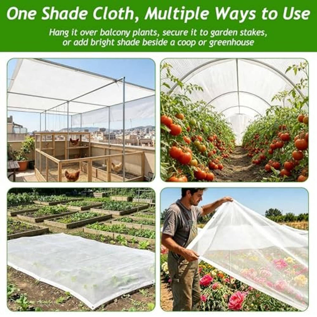 White shade cloth shown for covering plants in garden, hoop, and coops