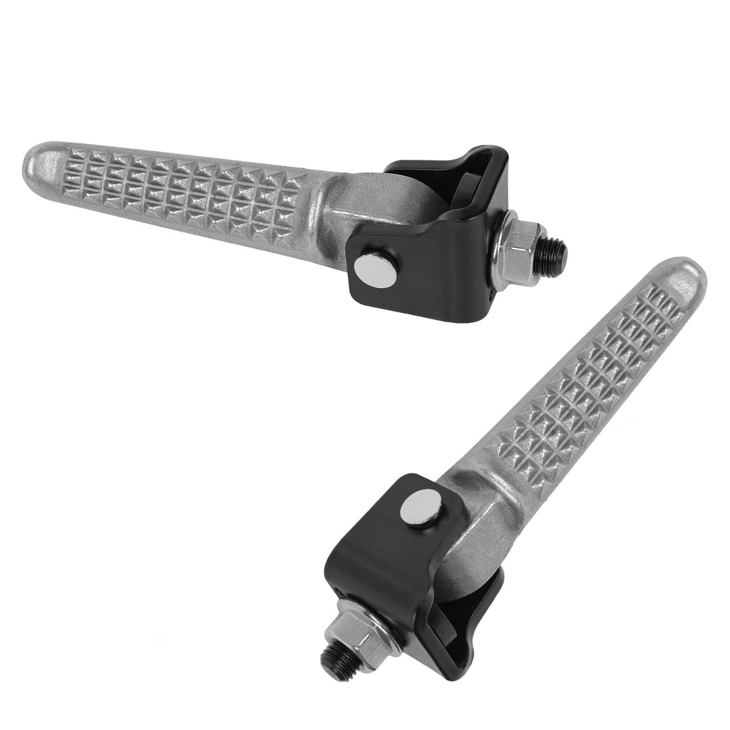 Close-up rear passenger footrest pegs: textured silver pads with black mounting brackets
