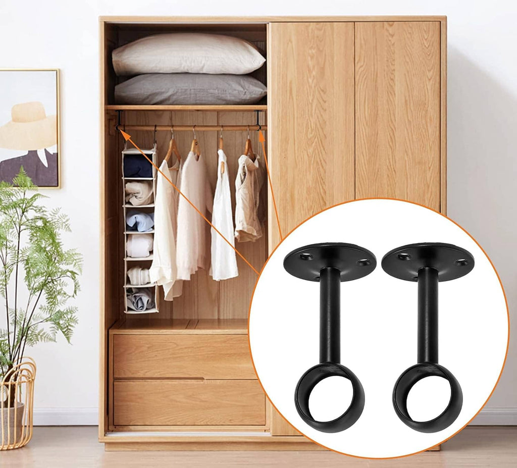 Two black ceiling-mount curtain rod brackets for closet rod installation, round base