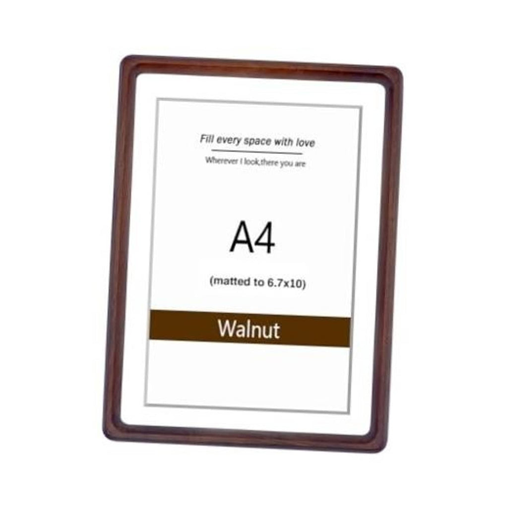 A4 walnut wood photo frame with white mat and dark brown border