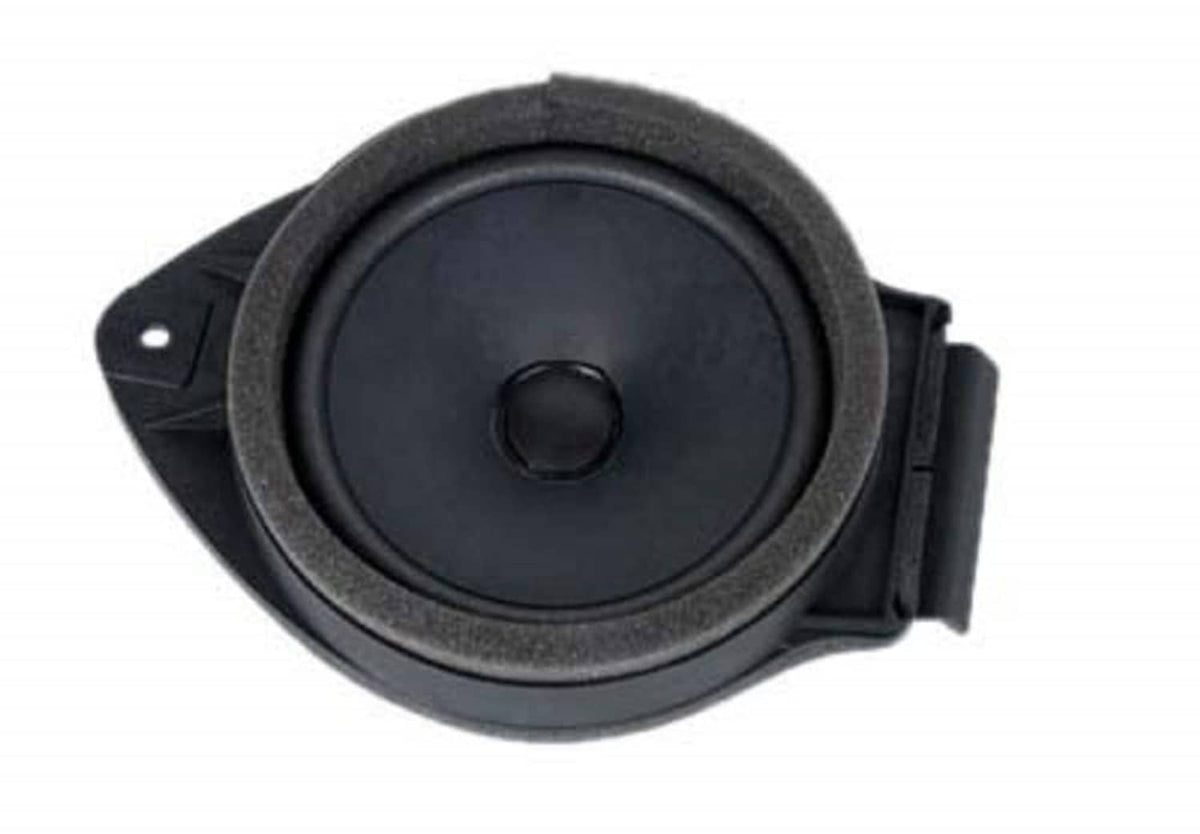 Front door radio speaker, circular black with mounting bracket and dark grille