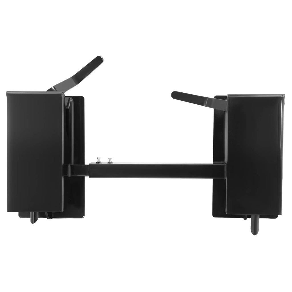 Adjustable skid-steer quick attach adapter, black side plates connected by a steel bar