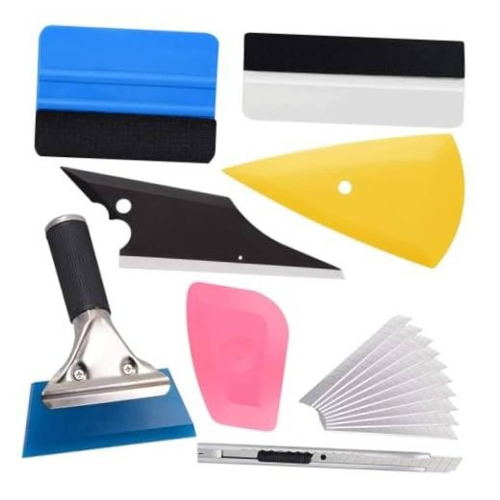 Window tint application tool kit with squeegee, blades, scrapers, and adhesive strips