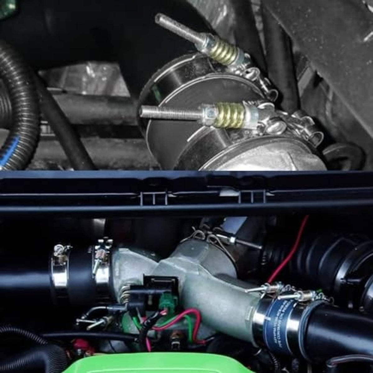 T-bolt hose clamp installed on an engine hose with spring and bolts