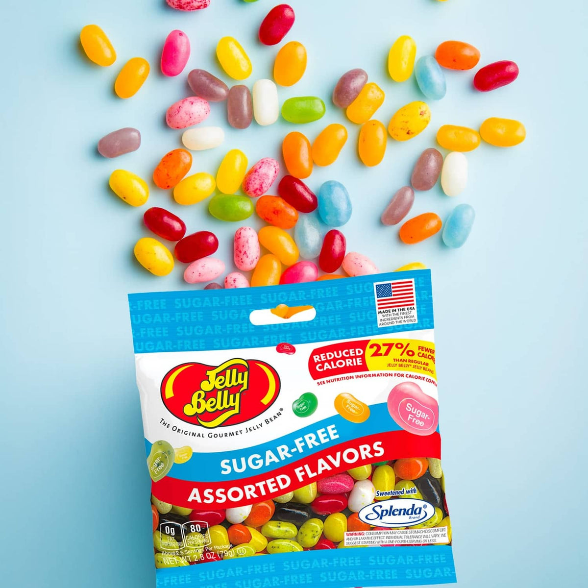 Sweetzo sugar-free jelly beans pouch with assorted flavors and scattered candy beans