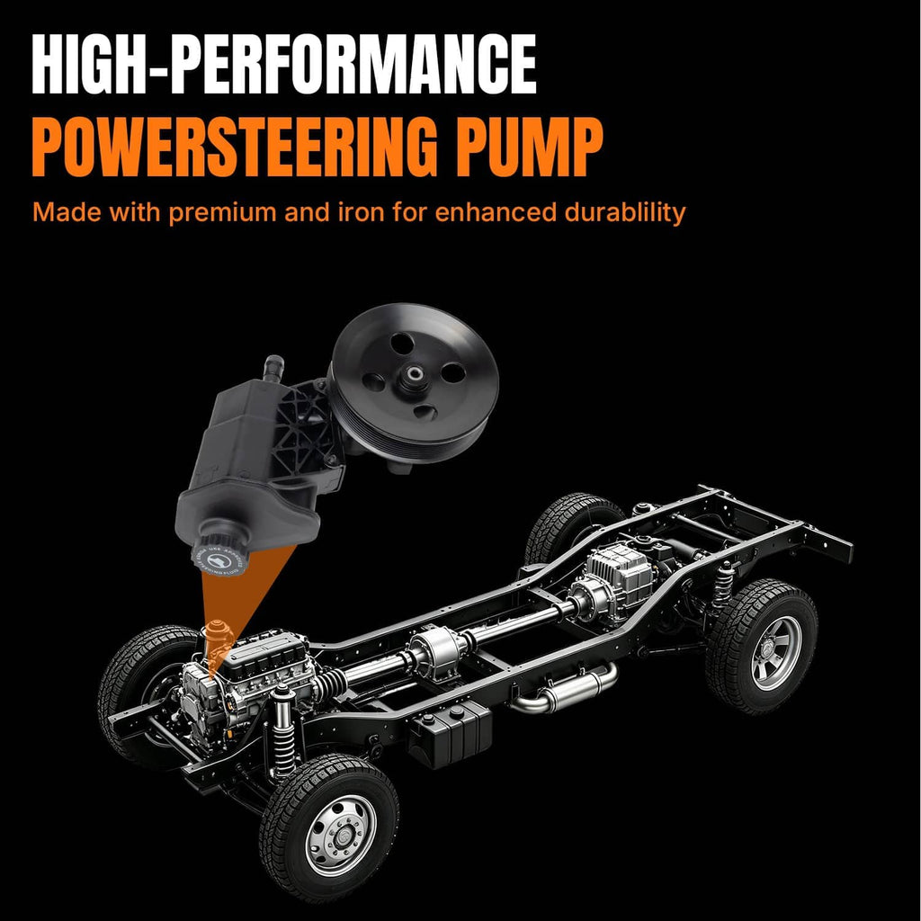 Power steering pump with reservoir with pulley and bracket, product on truck chassis