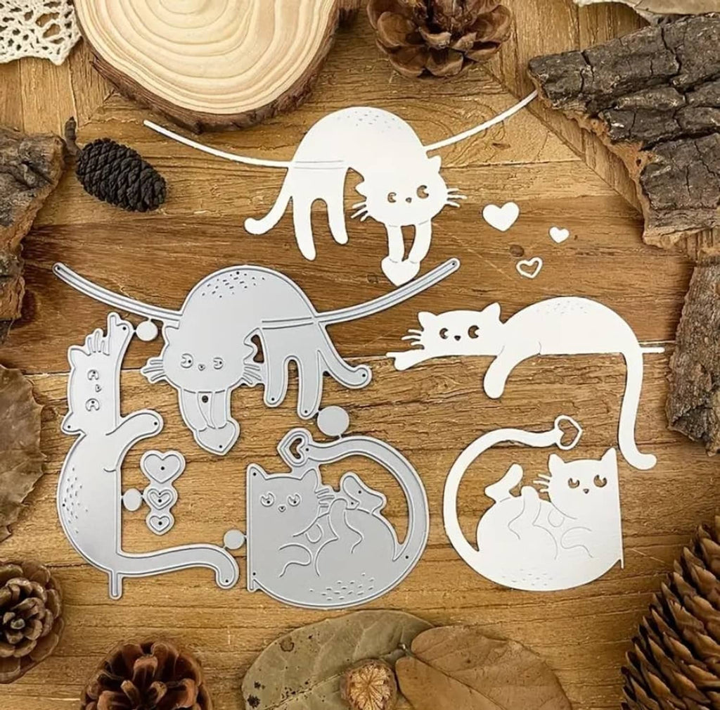 Cat metal die cut set with multiple cat silhouettes and small heart shapes
