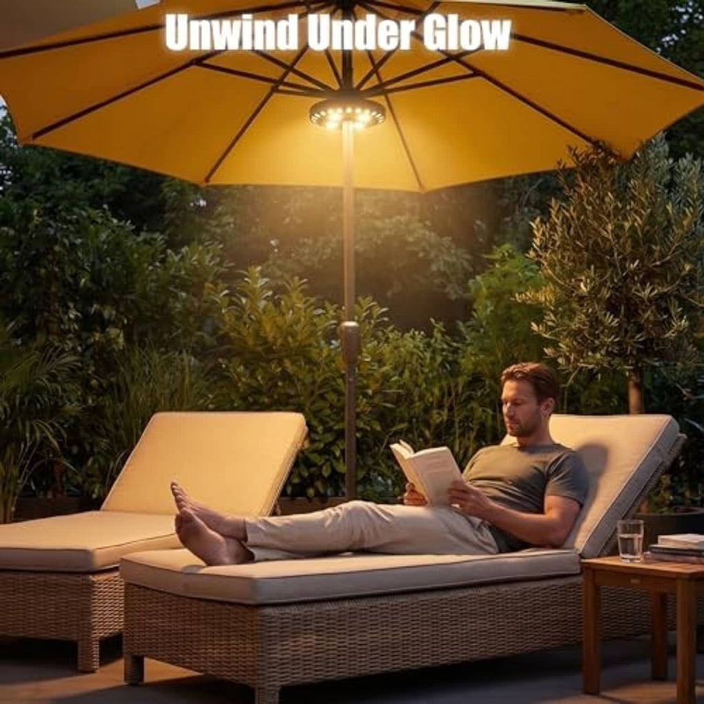 Patio umbrella light glowing warm white LEDs above outdoor patio umbrella
