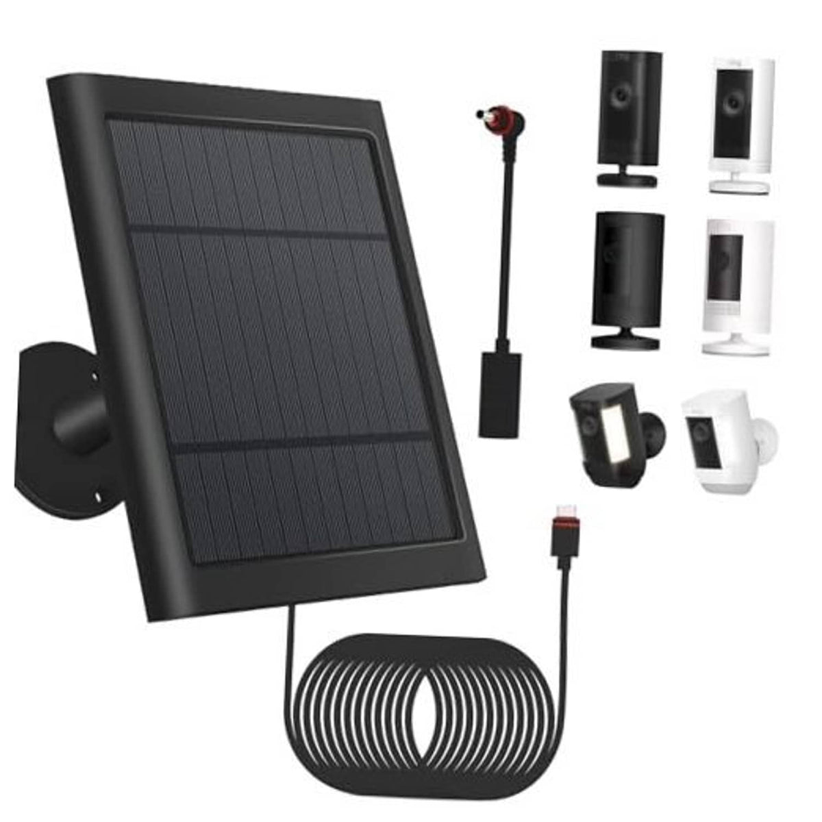 Solar panel kit with dark black panel, mounting bracket, and long coiled cable set