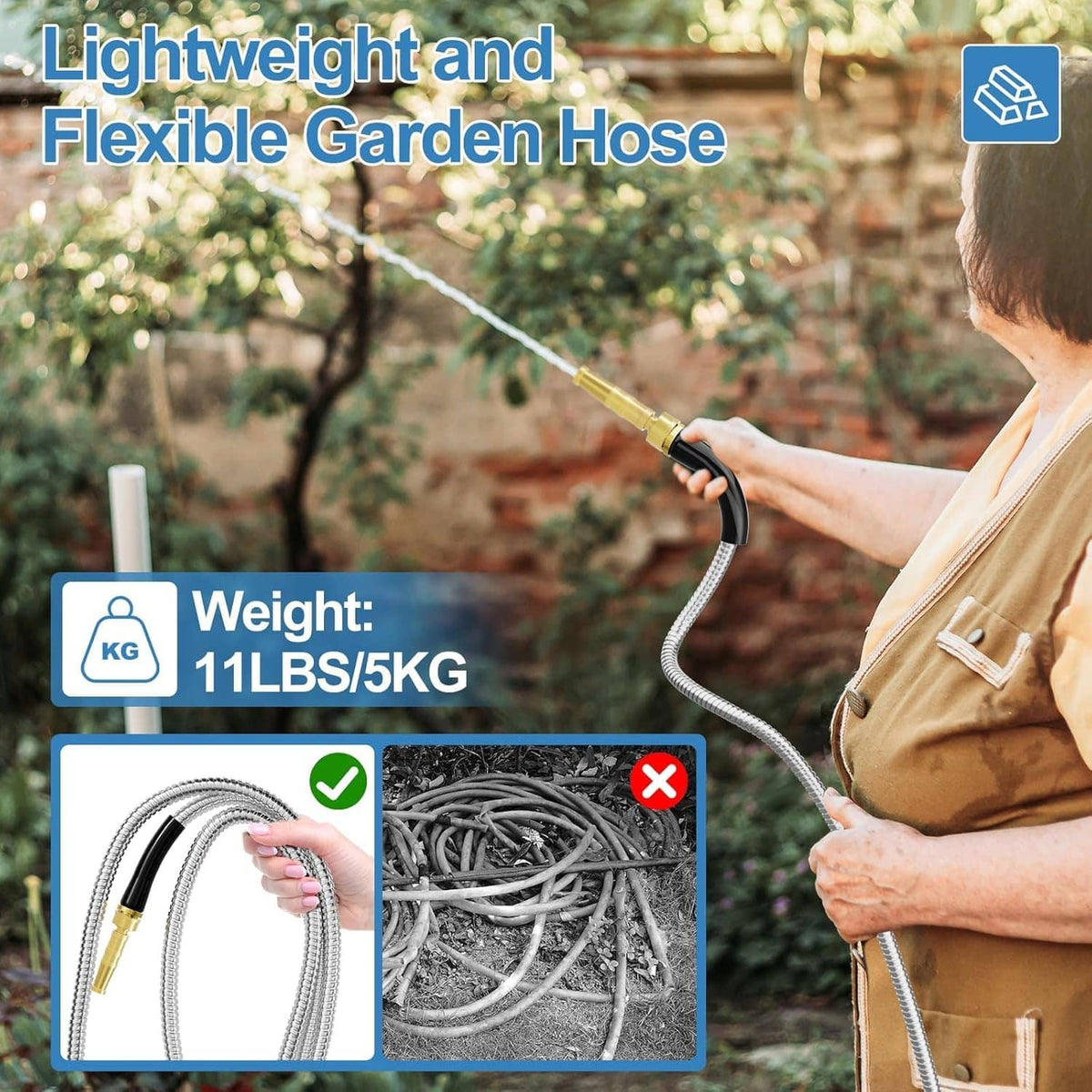 Lightweight flexible metal garden hose with brass nozzle and threaded fitting