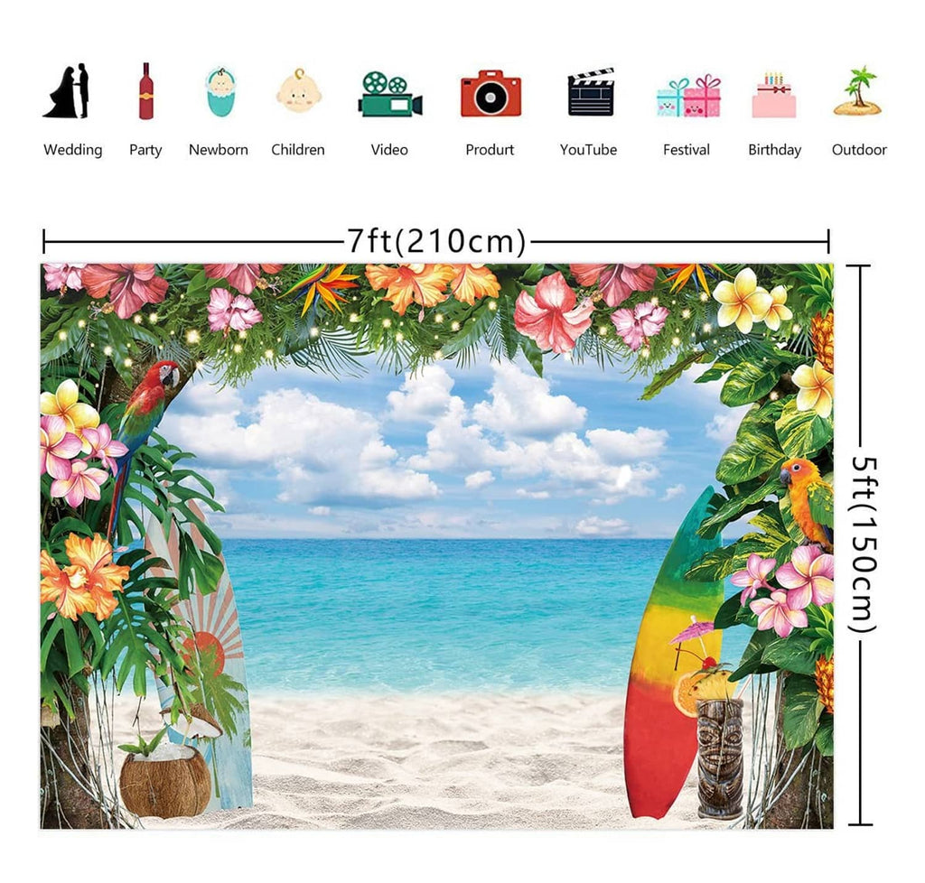 Tropical beach photography backdrop with floral canopy, ocean horizon, and sand scene; dimensions shown