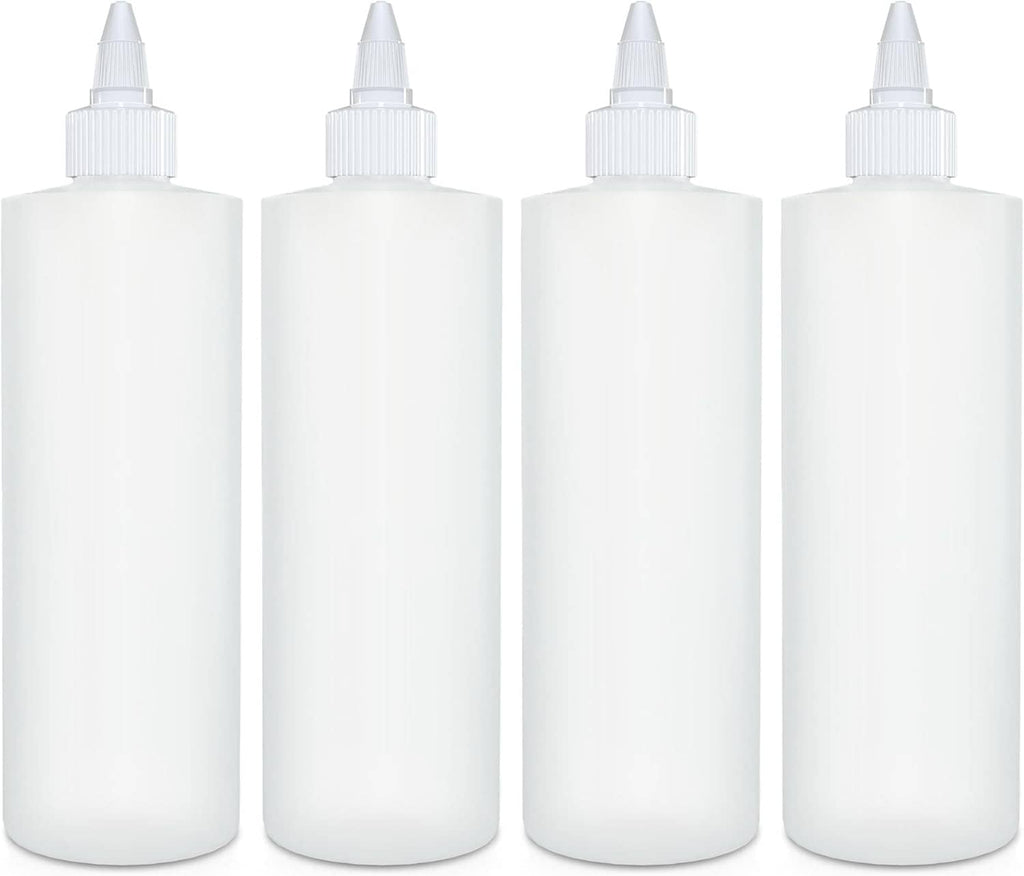 Four empty white condiment squeeze bottles lined up, each with twist cap nozzle