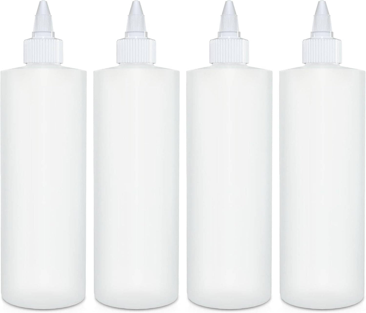 Four empty white condiment squeeze bottles lined up, each with twist cap nozzle
