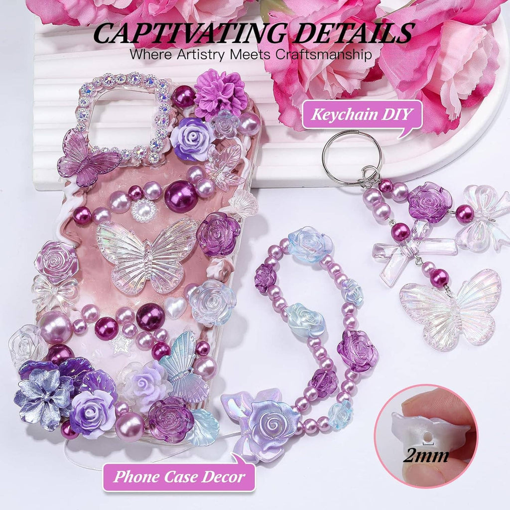 Resin charm keychain ring with lavender roses, butterfly beads, and pink pearl accents