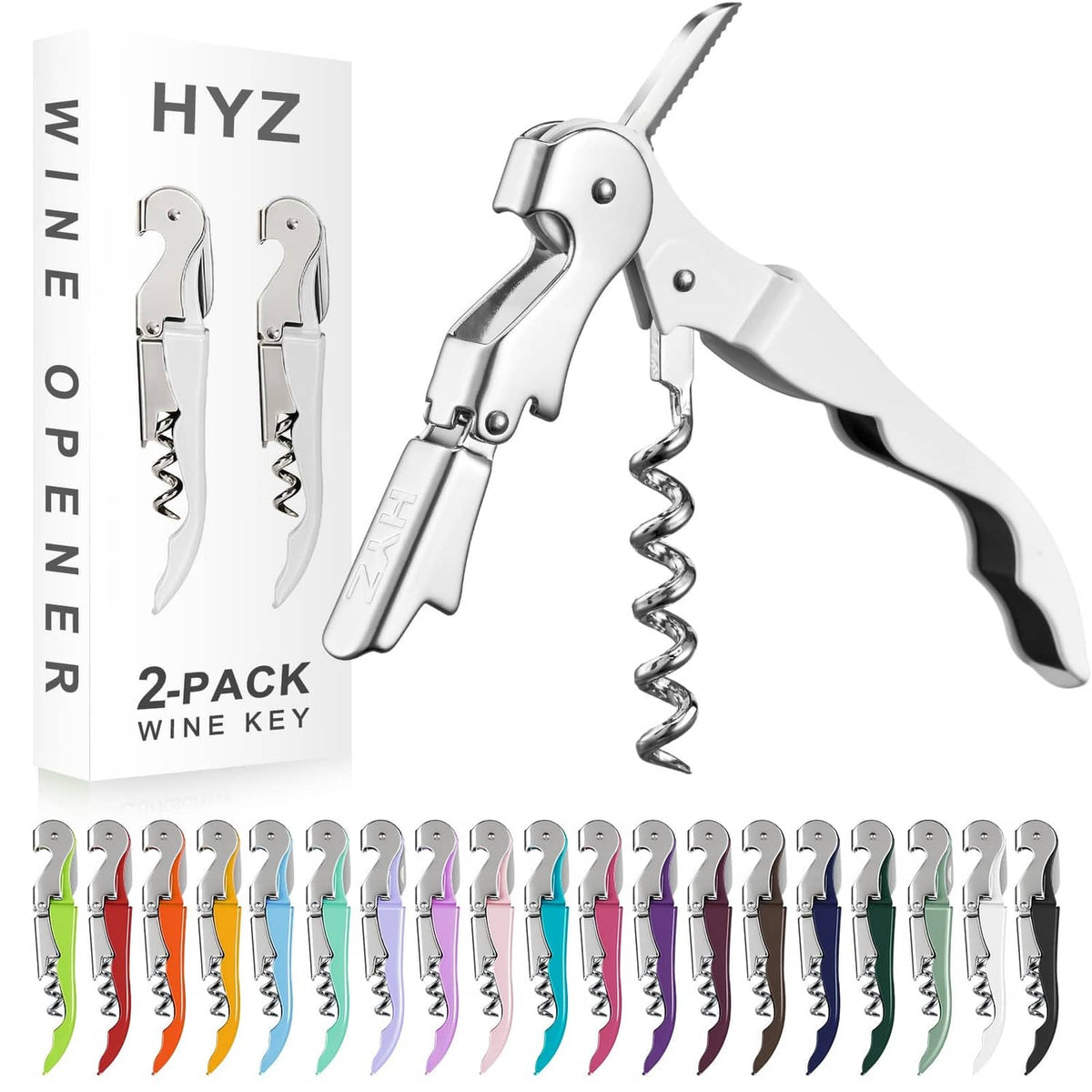 White and chrome 2-pack wine corkscrew keys in retail box