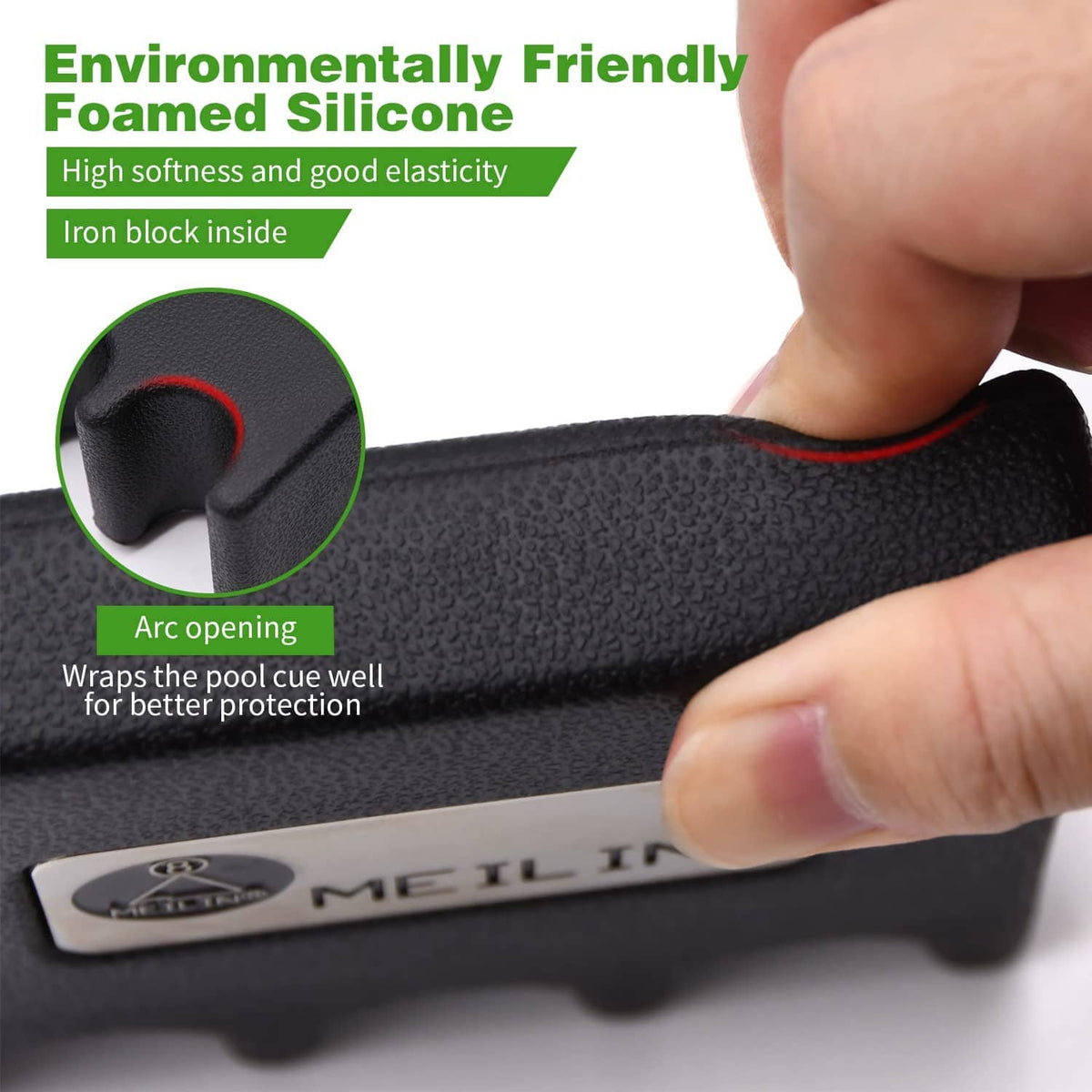 Black pool cue holder with arched opening and textured foam grip