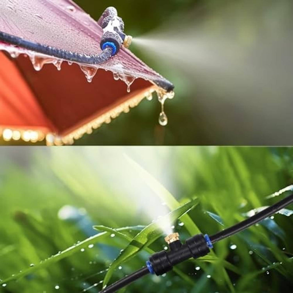 Brass mist nozzle spraying fine droplets from black tubing for patio and garden cooling