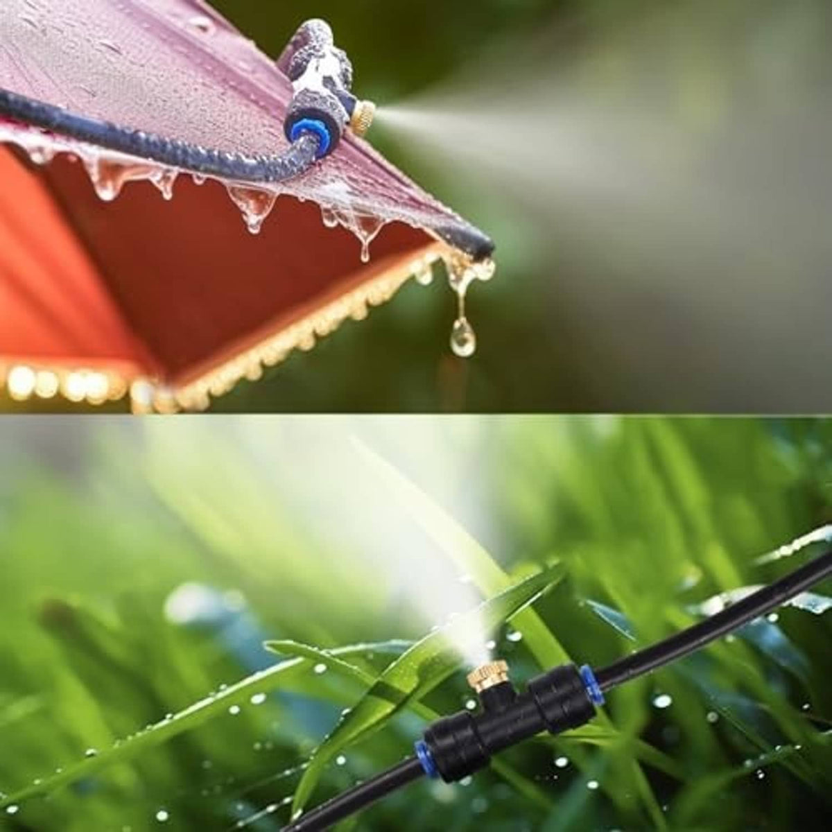 Brass mist nozzle spraying fine droplets from black tubing for patio and garden cooling