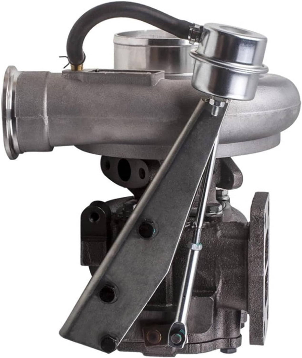 Turbocharger assembly with metallic housings, attached oil line, and inlet outlet ports