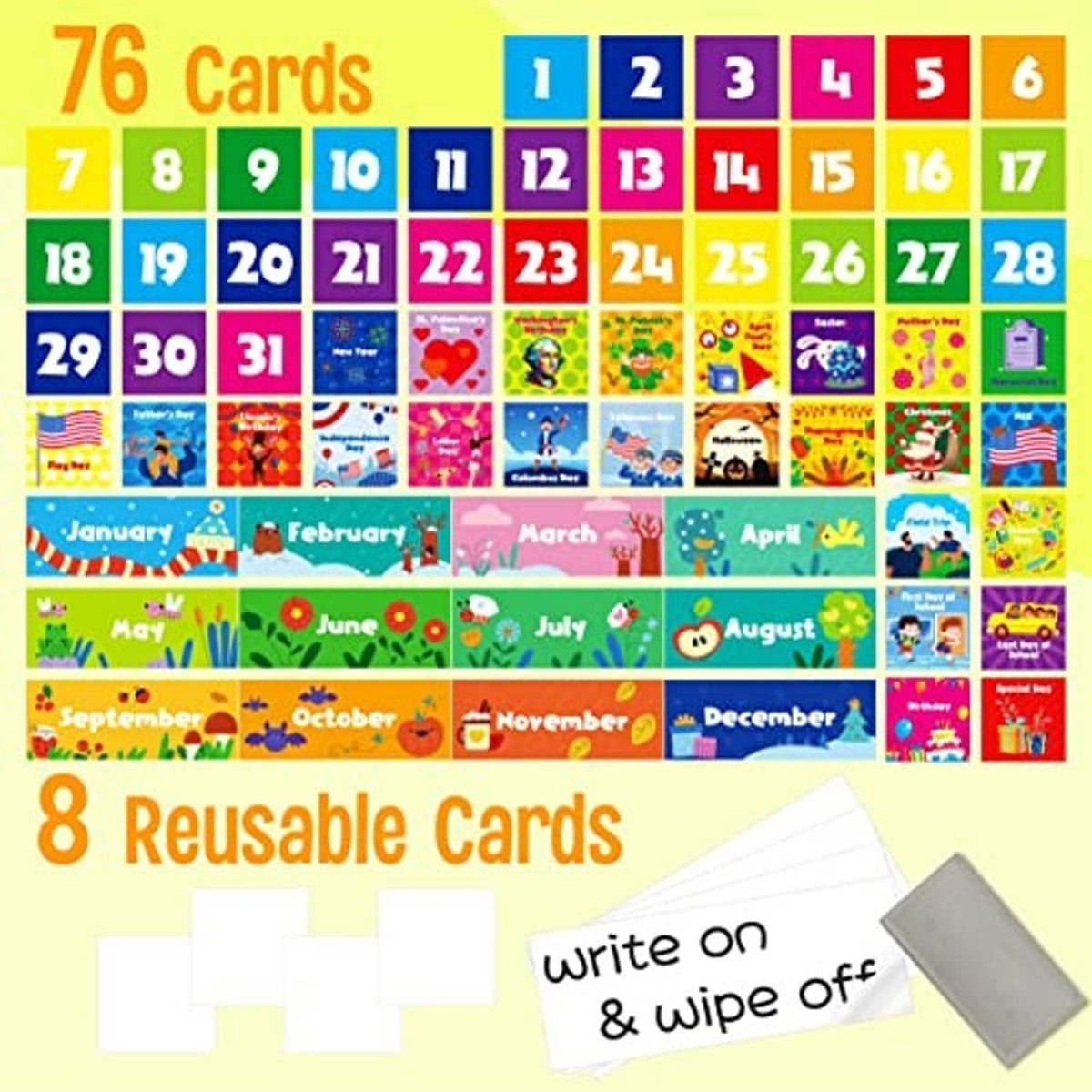 Colorful monthly card inserts for pocket calendar, plus blank writing pockets