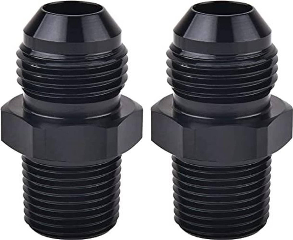 Black AN flare pipe adapter fitting, 10AN to 1/2 NPT male threads, hex ends