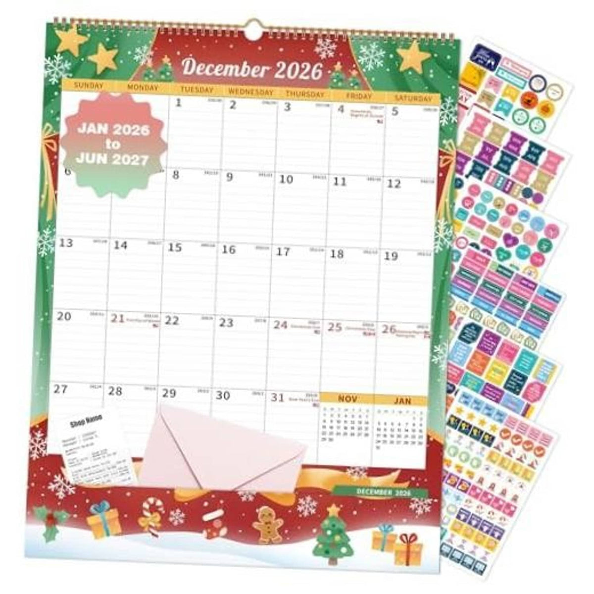 Wall calendar with storage pocket, colorful holiday border, and sticker sheet shown
