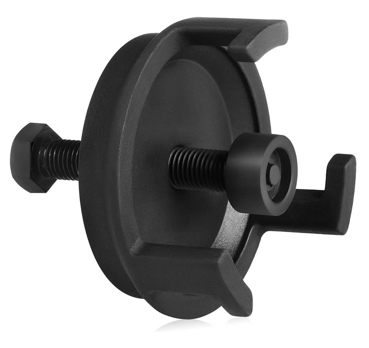 Harmonic balancer puller tool with black circular plate, central threaded rod, and clamp arm