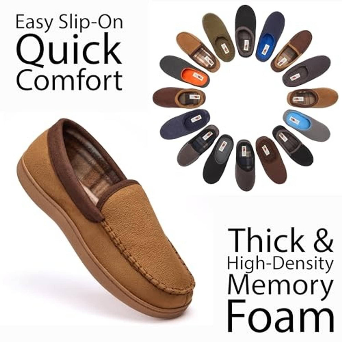 Assorted slip-on memory foam slippers collage; one tan pair shown at left