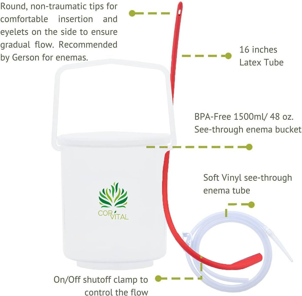 Enema kit diagram: red tube, soft clear vinyl tube, clamp, and bucket